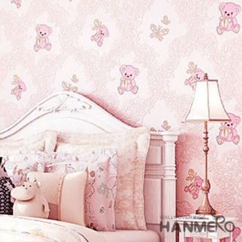 菡美洛粉色墙纸粉小女孩儿童房间小熊壁纸公主房婚房新房韩式浪漫壁纸