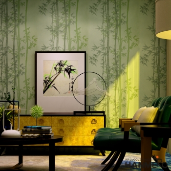 菡美洛中式花纹竹子3D立体浮雕无纺纸壁纸客厅卧室沙发电视背景墙艺术绿色墙纸